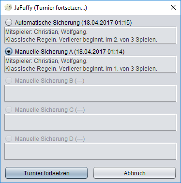 Fortsetzung eines gespeicherten Turnierstands